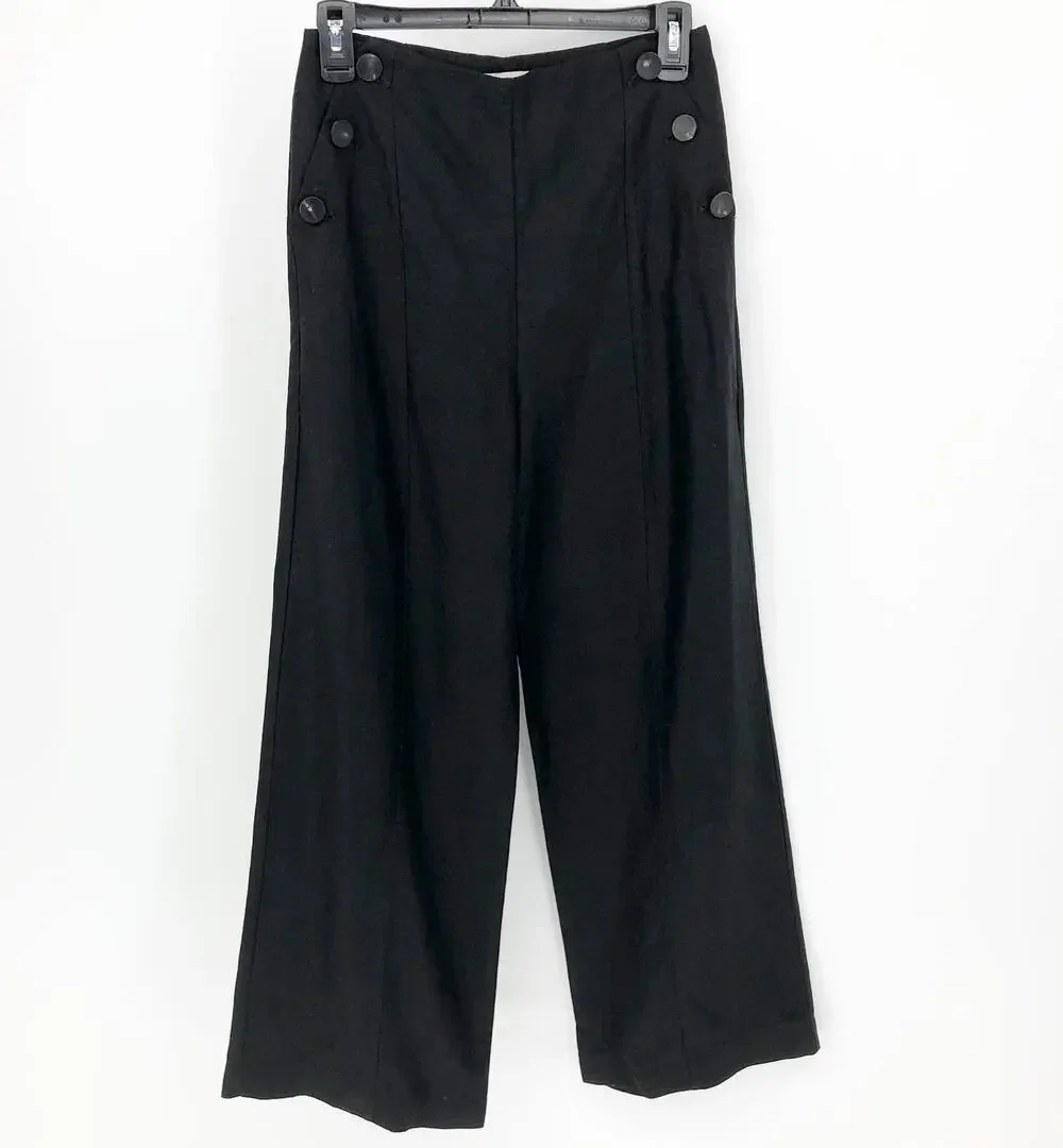 Wilfred Women Button Pocket Trousers 0 Black Linen Blend High Rise Wide Leg Pant